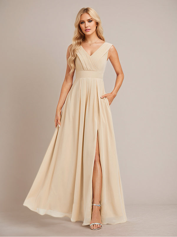 Champagne A Line Chiffon V Neck Floor Length Bridesmaid Dress With Slit