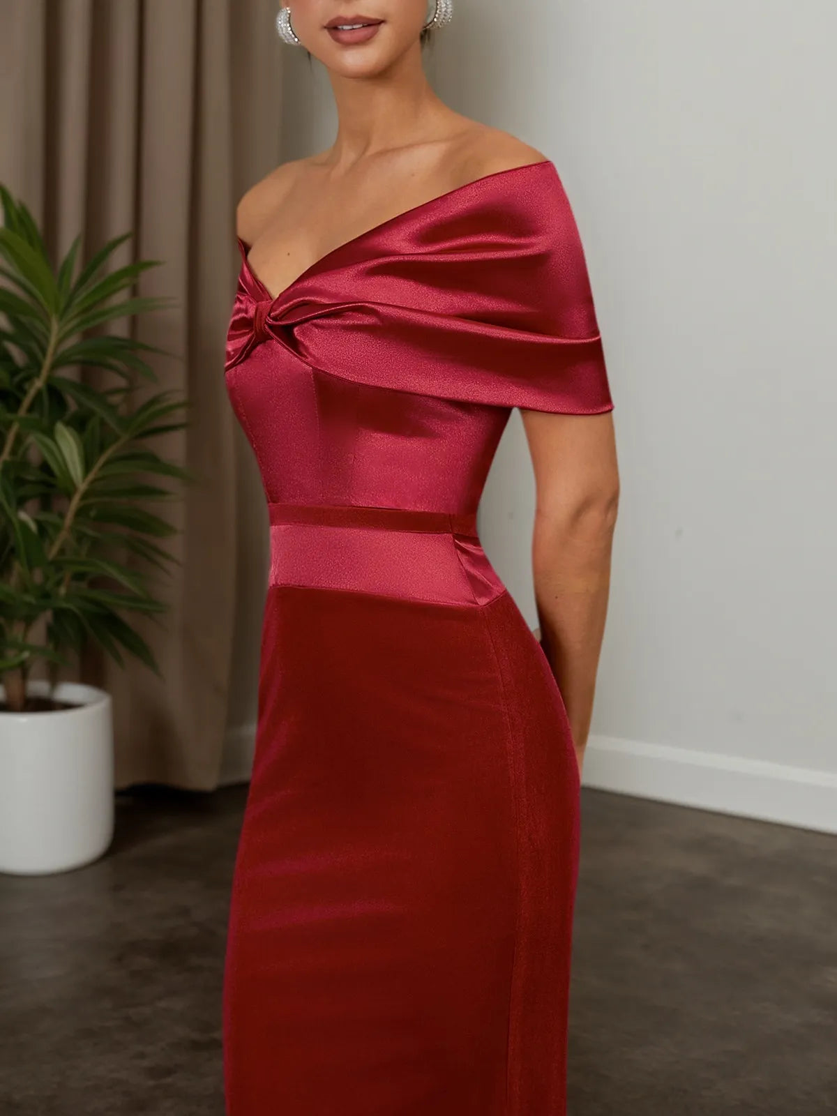 Wine Red Velvet Off The Shoulder Short Sleeve Sheath Maxi Dress