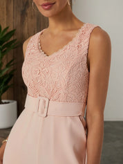 Women Pink Lace V Neck Sleeveless Ankle Length Dressy Jumpsuit