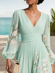 Light Green Ruched Floral Chiffon V Neck Long Sleeve Balloon Sleeve A-Line Maxi Dress
