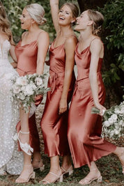 Sheath Straps Rust Silk Satin Ankle Length Bridesmaid Dresses