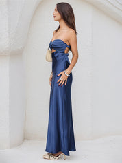Royal Blue Satin Sweetheart Neckline Sleeveless Open Back Ankle Length Sheath Dress