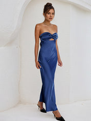 Royal Blue Satin Sweetheart Neckline Sleeveless Open Back Ankle Length Sheath Dress
