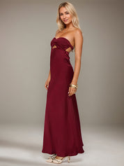 Wine Red Satin Sweetheart Neckline Sleeveless Open Back Ankle Length Sheath Dress