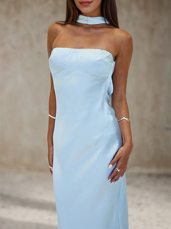 Sky Blue Satin Halter Neck Sleeveless Floor Length Formal Dress