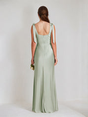 Sage Satin Spaghetti Straps Sleeveless Floor Length Dress With High Slit