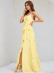 A Line Yellow Chiffon Spaghetti Straps Sleeveless Floor Length Dress With Ruffles