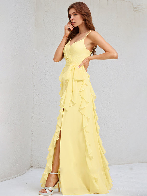 A Line Yellow Chiffon Spaghetti Straps Sleeveless Floor Length Dress With Ruffles