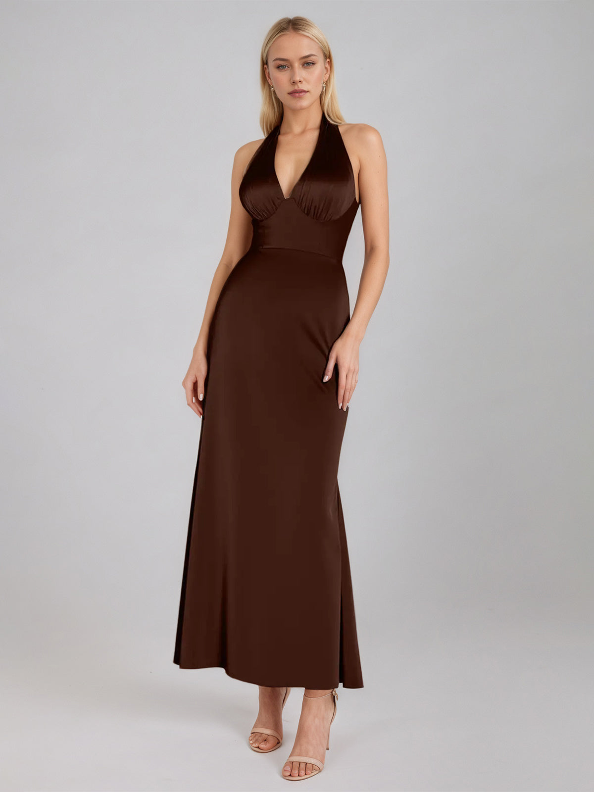 Moca Coco Sheath/Column Satin Halter Neck Sleeveless Ankle Length Dress