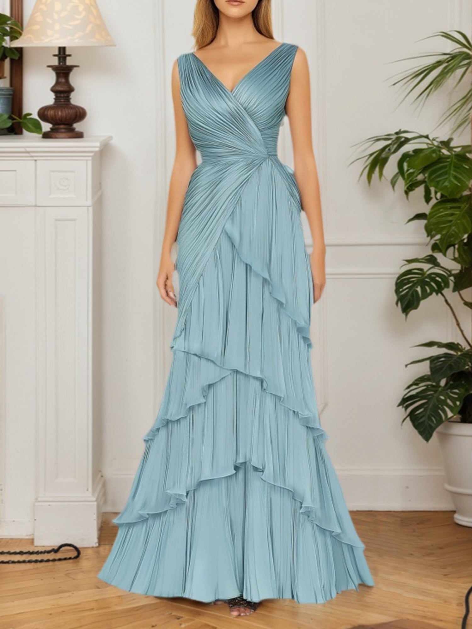 Dreamylily Women Formal Tiered Layer Dress Blue Sleeveless Pleated V-Neck  Maxi Gown