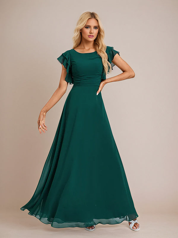 Dark Green A Line Chiffon Scoop Neck Floor Length Bridesmaid Dress With Ruffle