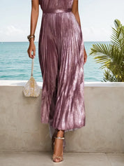 Rose Gold Pleated Cut Out Classic Halter Sleeveless A-Line Maxi Dress