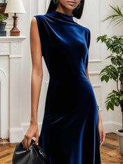 Blue Velvet Mock Neck Sleeveless A-Line Maxi Dress