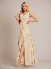 Champagne A Line Chiffon V Neck Floor Length Bridesmaid Dress With Slit