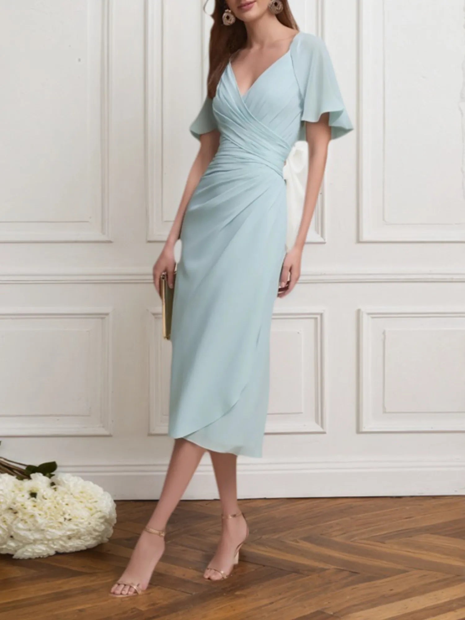 Dreamylily Women Wedding Guest Semi-Formal Dress Light Blue V-Neck Chiffon Midi Dress Dreamylily Women Wedding Guest Semi-Formal Dress Light Blue V-Neck Chiffon Midi Dress