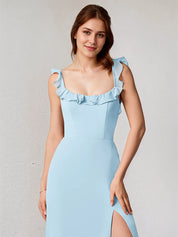 Sky Blue Chiffon Square Neck Sleeveless Floor Length Dress With High Slit