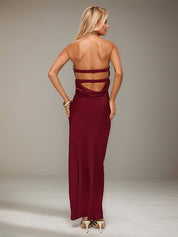 Wine Red Satin Sweetheart Neckline Sleeveless Open Back Ankle Length Sheath Dress