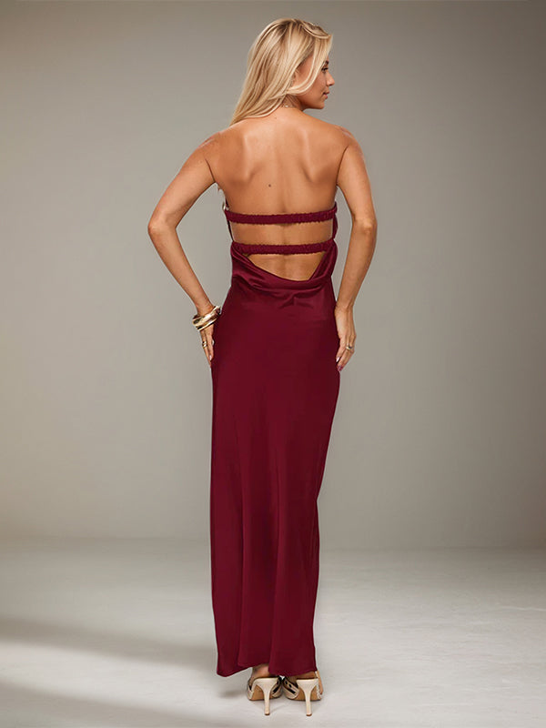 Wine Red Satin Sweetheart Neckline Sleeveless Open Back Ankle Length Sheath Dress