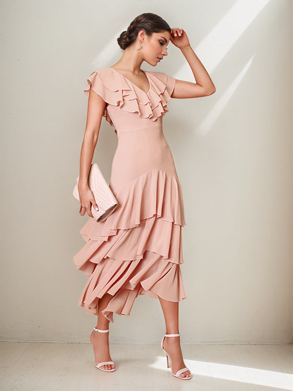 Pink Chiffon Dress V-Neck Short Sleeves Asymmetrical Length Dress with Ruffles