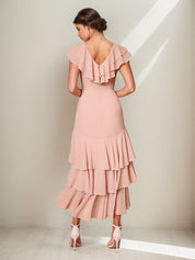 Pink Chiffon Dress V-Neck Short Sleeves Asymmetrical Length Dress with Ruffles