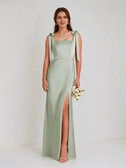 Sage Satin Spaghetti Straps Sleeveless Floor Length Dress With High Slit