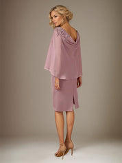 Mauve Sheath/Column Chiffon Bateau Neck Cape Sleeves Knee Length Dress
