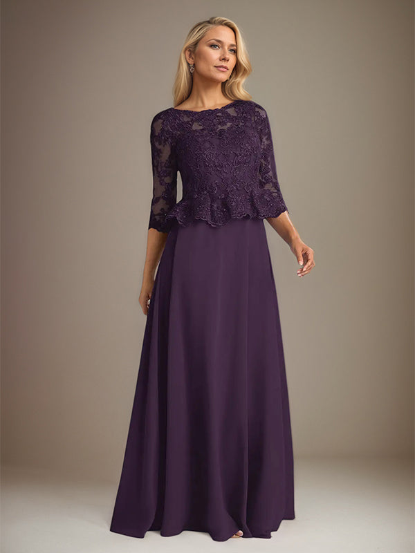 Plum A Line Chiffon Boat neck 3/4 Sleeves Floor Length Dress With Appliques