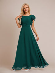 Dark Green A Line Chiffon Scoop Neck Floor Length Bridesmaid Dress With Ruffle