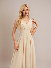 Champagne A Line Chiffon V Neck Floor Length Bridesmaid Dress With Slit