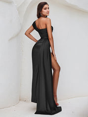 Black Satin One Shoulder Short Sleeves Asymmetrical Length Dress With High Slit