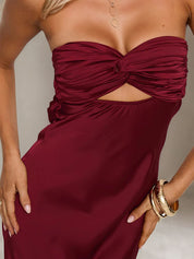 Wine Red Satin Sweetheart Neckline Sleeveless Open Back Ankle Length Sheath Dress