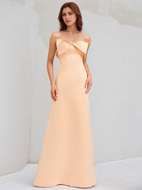 A Line Peach Pink Satin Spaghetti Straps Sleeveless Floor Length Dress With Bow