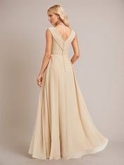 Champagne A Line Chiffon V Neck Floor Length Bridesmaid Dress With Slit