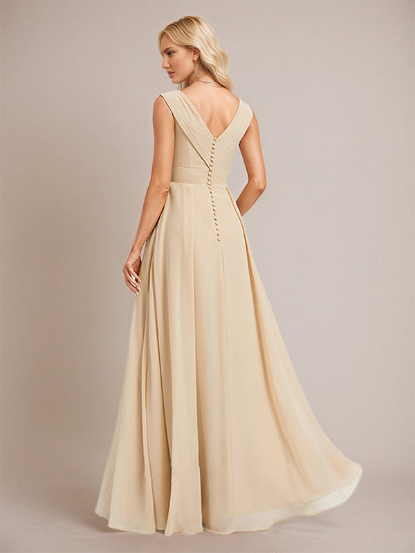 Champagne A Line Chiffon V Neck Floor Length Bridesmaid Dress With Slit