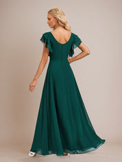 Dark Green A Line Chiffon Scoop Neck Floor Length Bridesmaid Dress With Ruffle