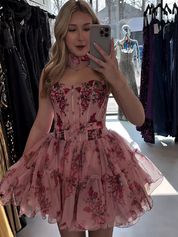 Pink Corset Strapless A Line Short Homecoming Dress with Ruffles