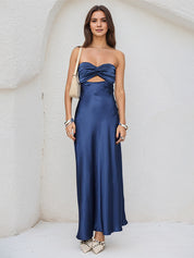 Royal Blue Satin Sweetheart Neckline Sleeveless Open Back Ankle Length Sheath Dress