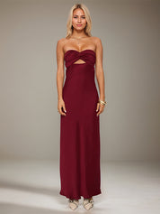 Wine Red Satin Sweetheart Neckline Sleeveless Open Back Ankle Length Sheath Dress