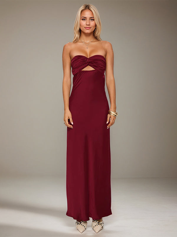 Wine Red Satin Sweetheart Neckline Sleeveless Open Back Ankle Length Sheath Dress