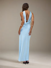 Sky Blue Satin Halter Neck Sleeveless Floor Length Formal Dress