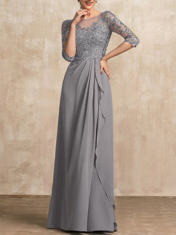 A-Line Scoop Illusion Floor-Length Lace Chiffon Mother Of the Bride Dress With Beading Ruffles
