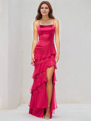 Hot Pink Satin Spaghetti Straps Sleeveless Floor Length Dress With High Slit