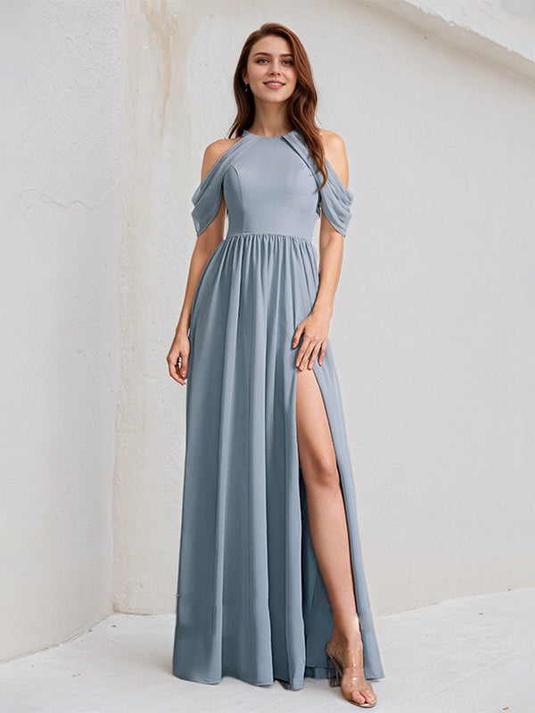 Dreamylily Women Dusty Blue A-Line High Neck Floor-Length Chiffon Bridesmaid Dress Dreamylily Women Dusty Blue A-Line High Neck Floor-Length Chiffon Bridesmaid Dress
