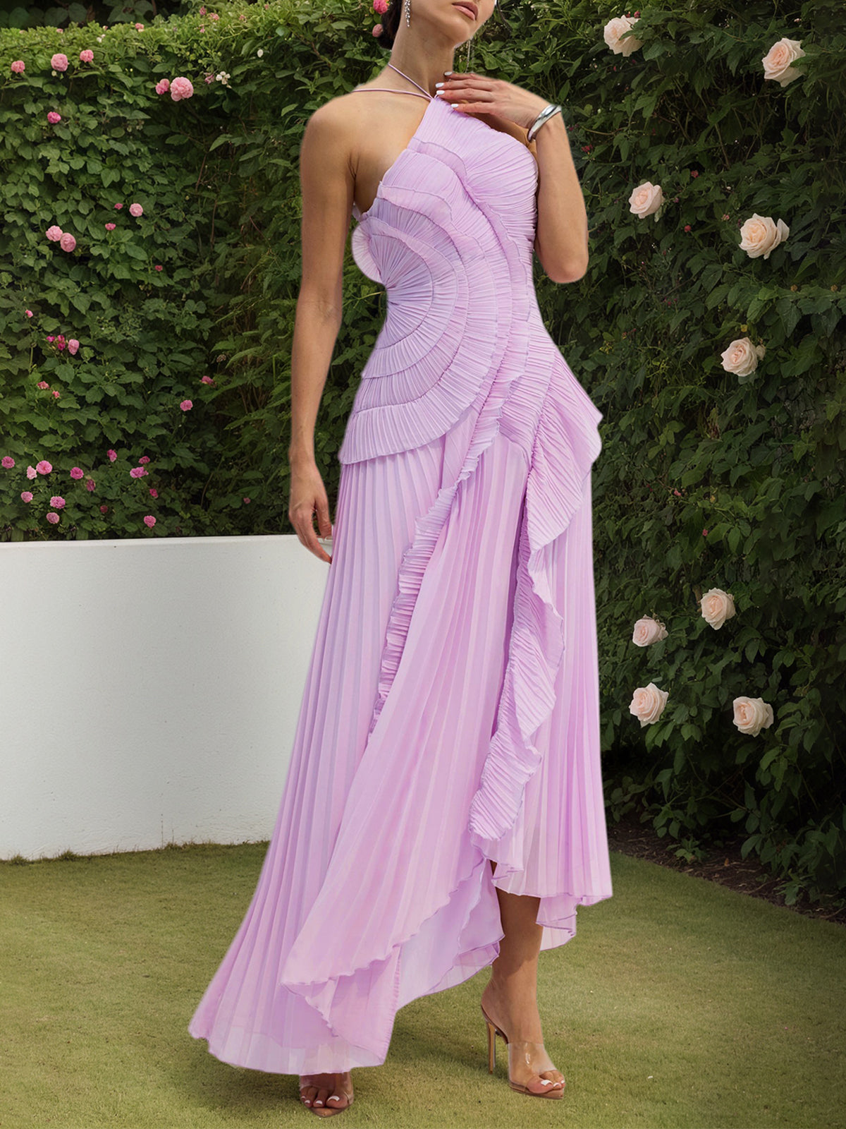 Dreamylily Women Purple Asymmetrical Pleated Halter Neck Midi Dress