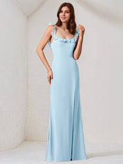 Sky Blue Chiffon Square Neck Sleeveless Floor Length Dress With High Slit