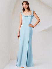 Sky Blue Chiffon Square Neck Sleeveless Floor Length Dress With High Slit