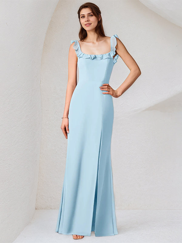 Sky Blue Chiffon Square Neck Sleeveless Floor Length Dress With High Slit