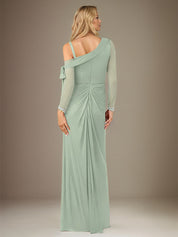 Sage Sheath/Column Chiffon One Shoulder Long Sleeves Floor Length Dress With Slit