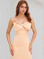 A Line Peach Pink Satin Spaghetti Straps Sleeveless Floor Length Dress With Bow
