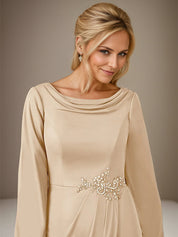 Champagne A Line Chiffon Round Neck Long Sleeves Floor Length Dress